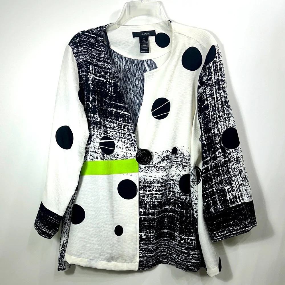 Ali Miles Black & White Abstract Polka Dot Contrast Jacket with Lime Accent - Picture 1 of 10